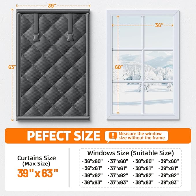 Window Insulation Kit for Winter 39"x63" Cold Weather Thermal Curtain with Heavy Cotton, Insulated Window Cover for Winter & Windows Draft Blocker for Winterizing Windows in Home RV Basement–Black