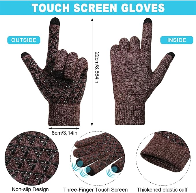 Winter Fleece Lined Beanie Hat Scarf Sock Touchscreen Gloves Set for Men Women