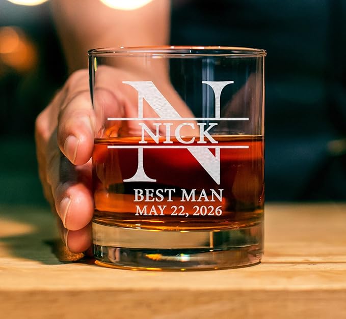 Set Of 5, Personalized Whiskey Glass For Groomsman Gifts, Best Man, Groom, 11oz Old Fashioned Custom Monogrammed Whiskey Glass
