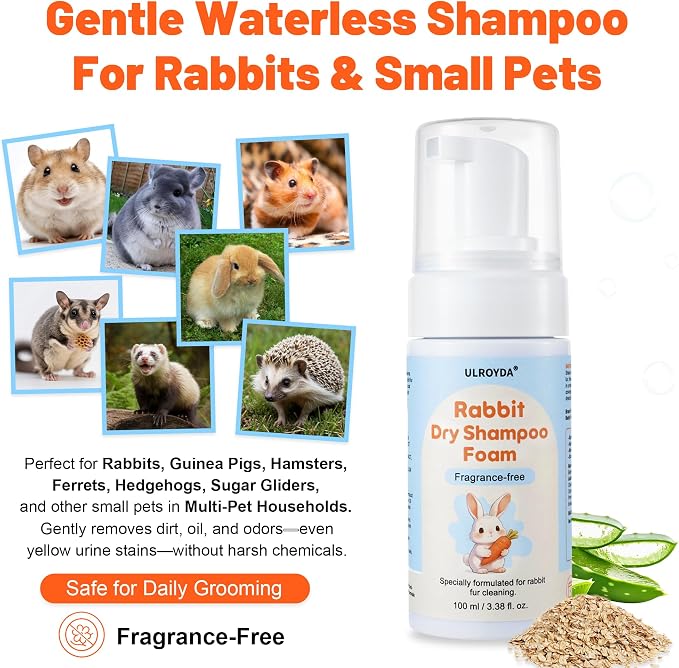 Waterless Rabbit Shampoo | Fragrance-Free & No Rinse Cleanser for Small Pets | Gentle for Sensitive Skin, Ideal for Ferrets, Guinea Pigs, Bunnies, Hamsters & Sugar Gliders, 3.38 fl oz (Fragrance Free)