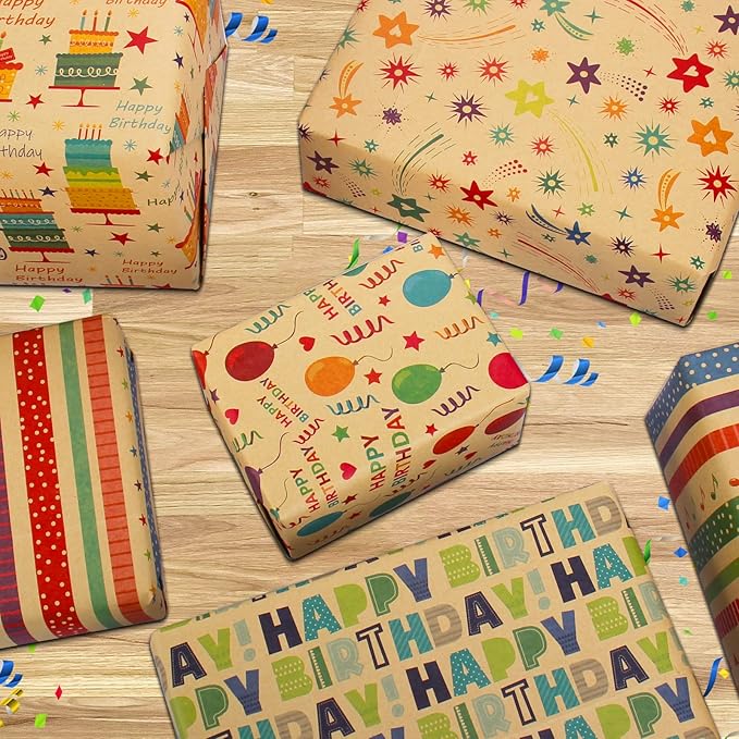 Recyclable Gift Wrap Set with Gift Tags & String - Birthday Wrap for Men, Women, Kids (6 Sheets, 28"Lx20"W per Sheet)