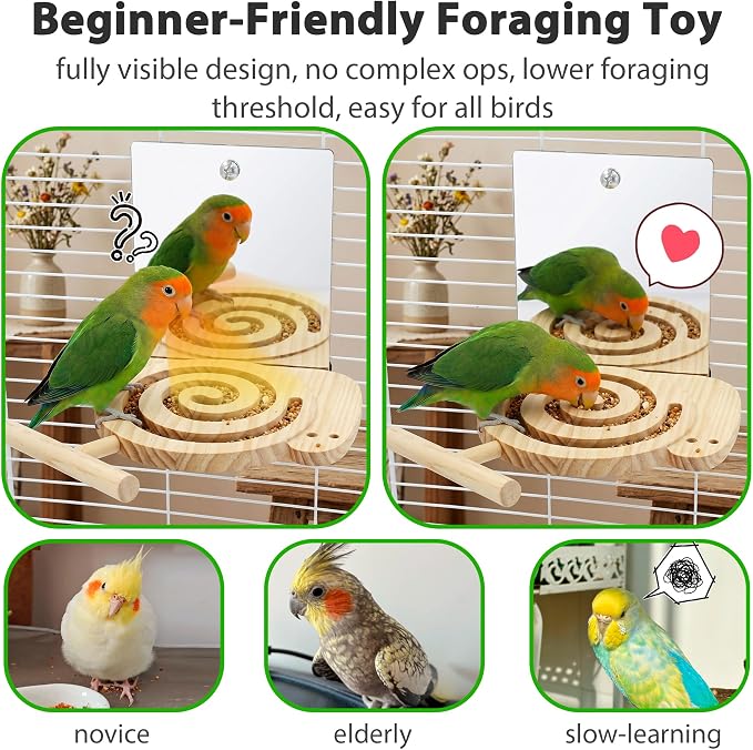 Bird Foraging Toys with Perch & Mirror, Easy for Novice/Older Birds | Kiln-Dried Wood Bird Enrichment Toy for Cage, Slow Feeder & Interaction Puzzle Toy to Reduce Seed Mess, Visible Food Design
