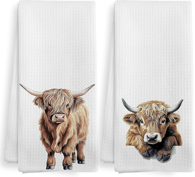 Funny Western Highland Cow Kitchen Towels and Dishcloths Sets of 2, Cow Nursery Decor Gifts, Farmhouse Rustic Cabin Farmhouse Farm Home Decor Dish Hand Tea Towels for Bathroom Kitchen,16x24in
