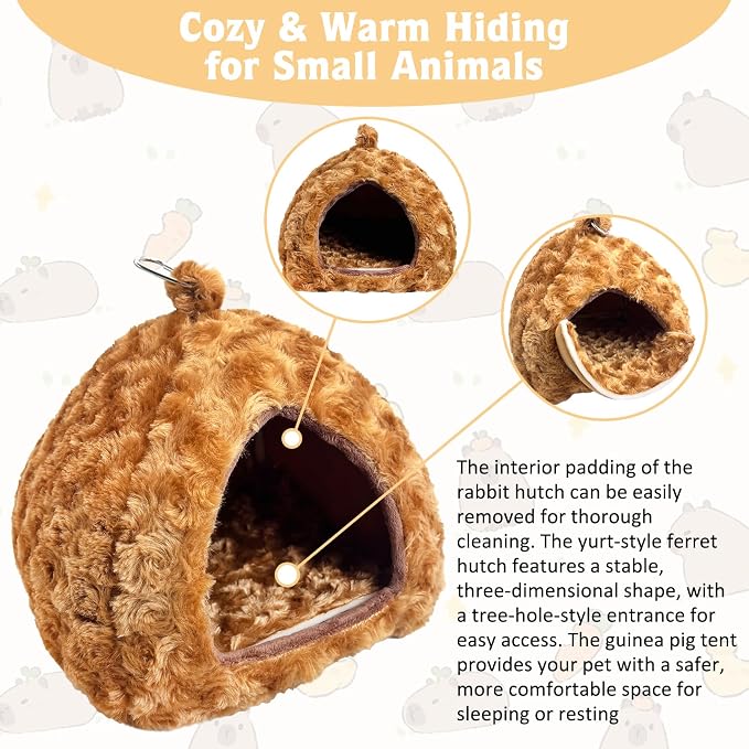 PINVNBY Guinea Pig Hamster Bed Warm Bunny Hideout Dwarf Rabbit Hideway Winter Sleeping Guinea Pig House for Hedgehog Ferret Rat Chinchilla and Other Small Animals（Brown）