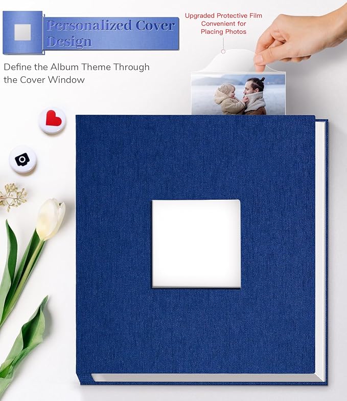 Photo Album Self Adhesive Scrapbook Album for 3x5 4x6 5x7 8x10 Pictures,40 Pages Linen Cover with Display Window DIY Photo Book,Ideal Gifts for Family Travel Wedding Baby