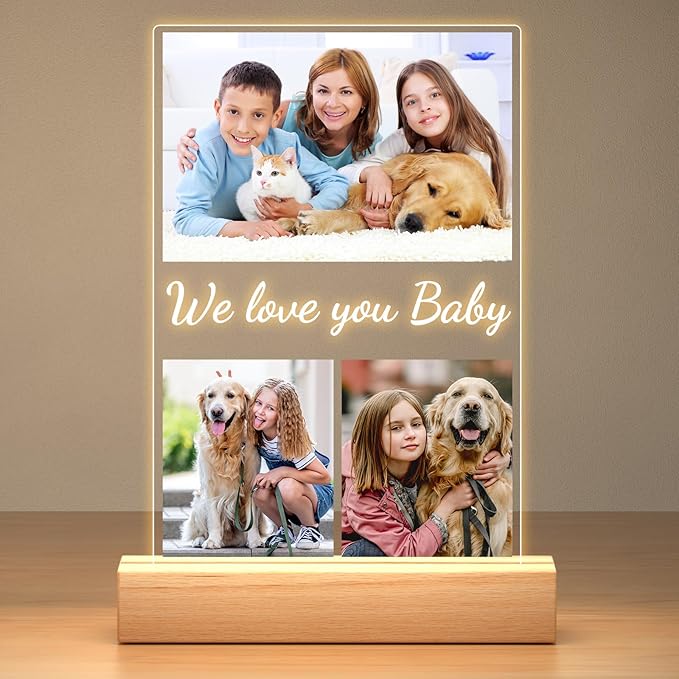 Custom Collage Picture Frames with Photo, Personalized Photo Frame with Night Light, Personalized Picture Frame, Customized Christmas Birthday Gifts for Baby Kids Girls Boys Pet Friends Family