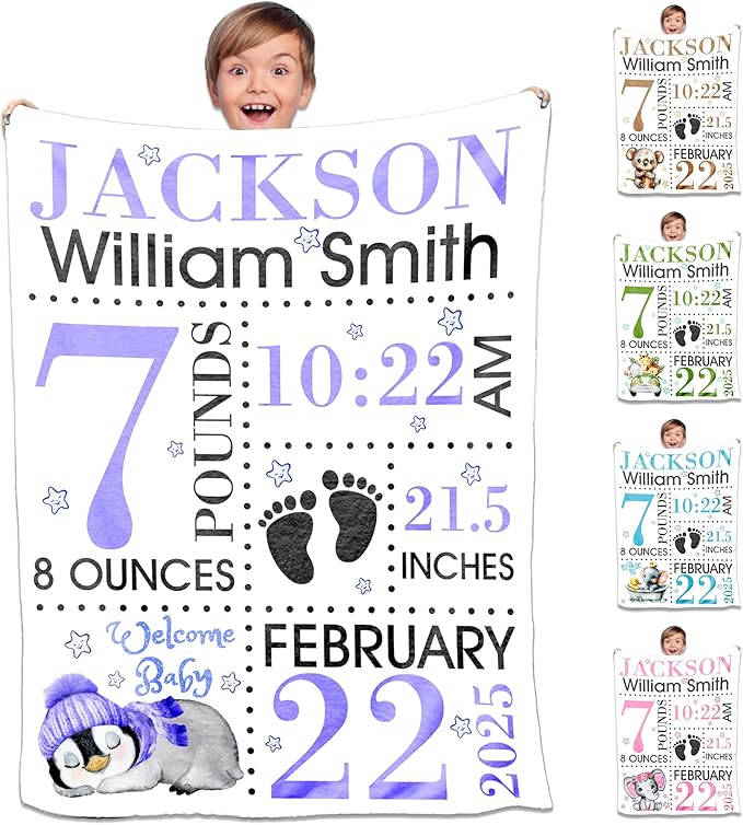 Custom Name Blanket for Kids Adults, Personalized Baby Blanket with Name for Girls Boys Cute Animal Pattern Purple Personalized Christmas Birthday Gifts for Kids Women Mom