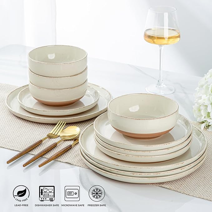 AmorArc 18 Pieces Ceramic Dinnerware Sets for 6, Handpainted Stoneware Plates and Bowls Set with Rustic Terracotta Underside, Scratch Resistant Dishes Set, Dishwasher & Microwave Safe