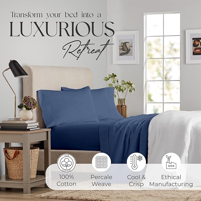 SUPREME ELEGANCE Queen Sheet Set – Natural 100% Long Staple Cotton Percale Sheets Queen Size Bed Set, Deep Pocket Snug Fit, Oeko-tex Made in Green Sustainable Hotel Quality Bedding, Dark Blue