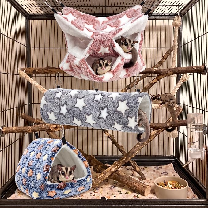 Abbylike 9 Pieces Rat Hammock 3 Tier Guinea Pig Ferret Hammocks Small Pet Hanging Tunnel Glider Toy Guinea Pig Ferret Hideout Bed Cage Accessories for Hamster(Navy,Grey,Pink,Star)