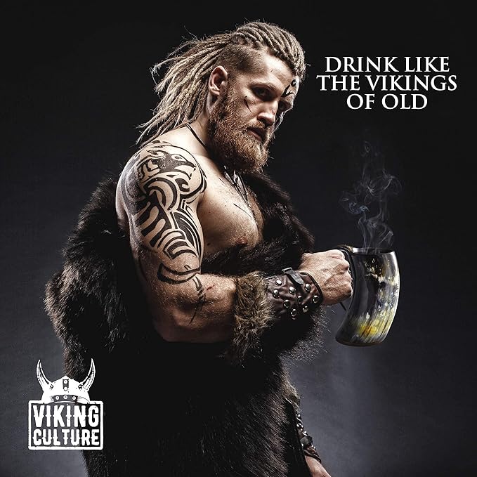 Viking Culture - Hot Viking Horn Mug with Spoon and Bag, 2 Pc Set, Horned Handle with Rustic Natural Finish, Safely Holds Hot and Cold Tea, Coffee, Cocoa, Wine, Beer or Mead