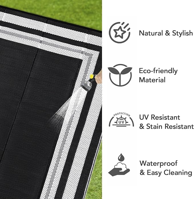 Outdoor Rug 8x10 Waterproof Patio Rugs Modern Border Reversible Mat for Front Door Rv Foldable Plastic Straw Carpet for Travel Trailers, Picnic, Porch, Camper, Balcony, Beach，Black/White