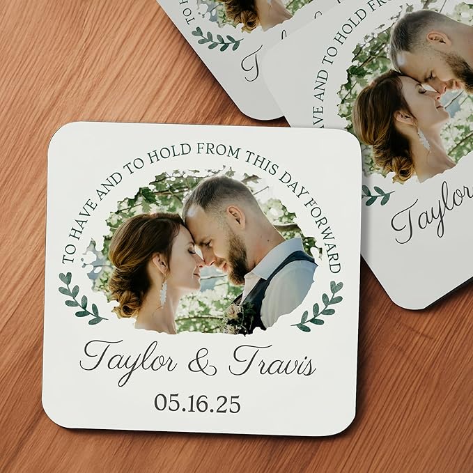 20 Pack Personalized Wedding Coasters, Custom Cardboard Coasters for Drinks with Photo Print and Text, Keepsake Wedding Favors and Gifts for Couples, 4x4 Square, Design 4