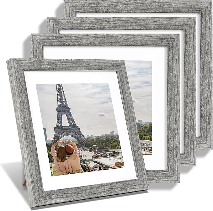 10x10 Picture Frame Set of 4, Made of Glass and Grey Wooden Frame - Display Picture 8x8 with Mat or 10 x 10 Without Mat, 10 by 10 Photo for Wall or Tabletop