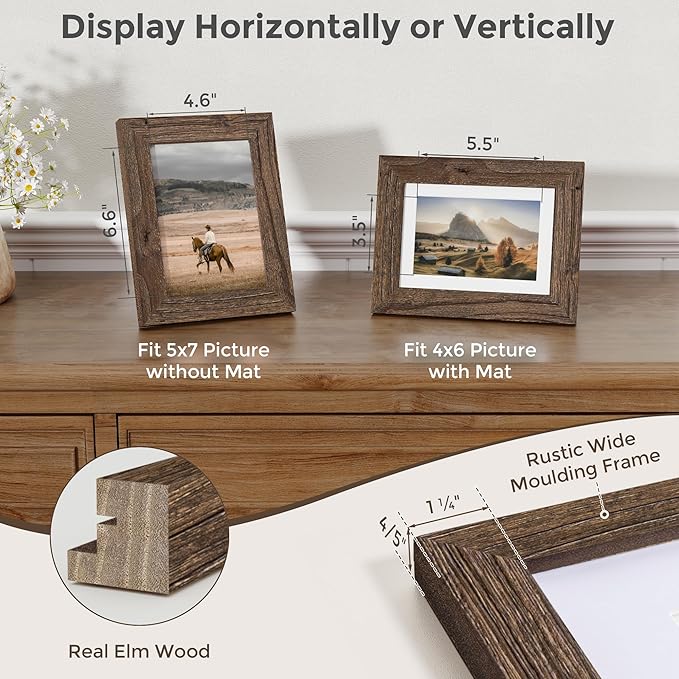 Fun Memories 5x7 Picture Frame with Mat for 4x6 Photo, Solid Elm Wood & Tempered Glass, Rustic Wall & Tabletop Display Frame, Walnut, 1 Pack