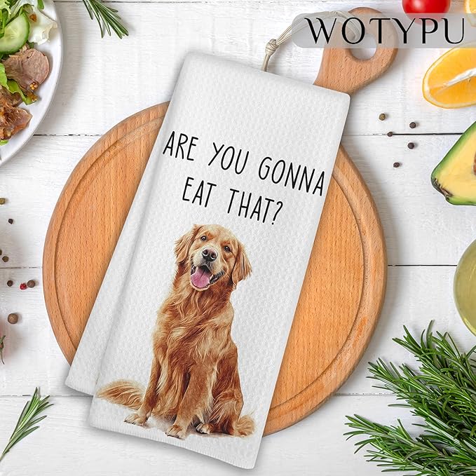 Funny Golden Retriever Gifts Kitchen Towels, Gifts for Golden Retriever Lovers Dish Tea Towels for Kitchen, are You Gonna Eat That Humorous Decorative Hand Towel, 16x24 Inch