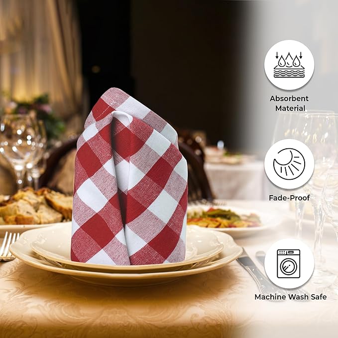 Urban Villa Cloth Napkins 100% Cotton Dinner Napkins Highly Absorbent 20x20 Inches (Set of 12) Red White Buffalo Checks Reusable Washable Soft Durable Premium Napkins Ideal for Home Wedding Parties