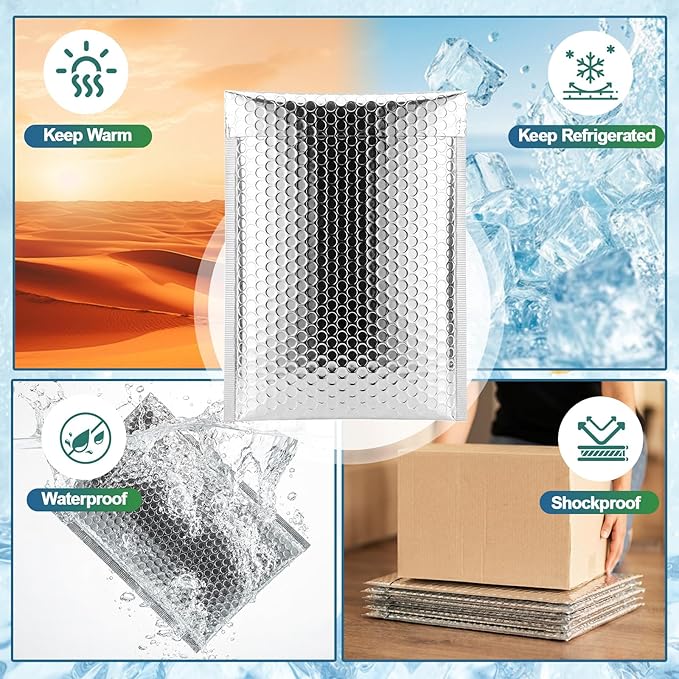 50 Pack Insulated Silver Thermal Bubble Mailers 8 x 11 in, Waterproof Metallic Foil Padded Envelopes, Self Adhesive Bubble Mailer Bags for Cold Shipping, Food, Perishables, Cosmetics