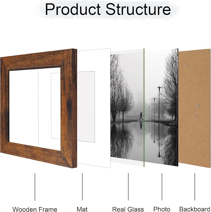 iRahmen 6x6 Picture Frame Set of 4 with Real Glass, Rustic Frames Display 4x4 Picture with Mat or 6 x 6 Without Mat, Square Photo Frame for Wall Mount and Tabletop Display