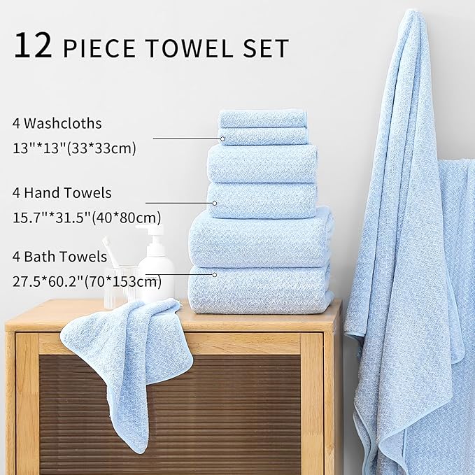 Ultra Soft Bath Towel Set,12 Piece (4 Bath Towels,4 Hand Towels,4 Washcloths) Family Bathroom Towels Set with Hanging Loop,Quick Dry Extra Absorbent Shower Towel for Bathroom,Hotel,Spa-Light Blue