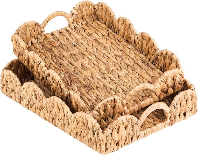 Large Rectangle Serving Tray, 2-Pack Rattan Scalloped Tray with Handles, Wicker Trays for Decor, Hand-Woven Water Hyacinth Coffee Table Tray for Home Decoration