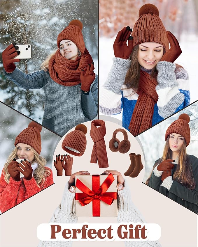 Geyoga 6 Pcs Winter Warm Set for Women Warm Beanies Hats Touchscreen Gloves Long Scarf Ear Muffs Socks Winter Gifts for Women
