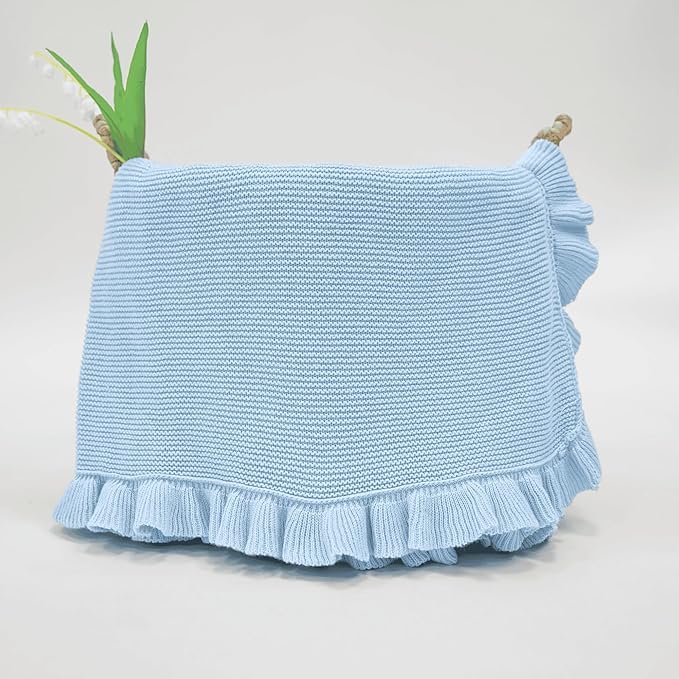 Ruffle Knit Blanket for Baby - 100% Luxury Soft Cotton Knit Warm Cozy Cuddle Stroller Crib Blanket for Newborns, Infants, & Toddlers (Baby Blue)