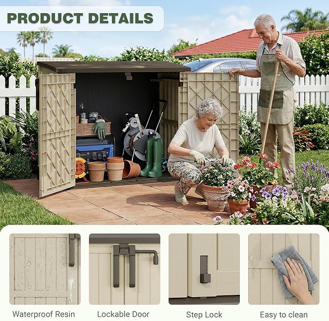 LHBcraft Waterproof Outdoor Storage Shed 36 Cu Ft with Lockable Doors, Portable Horizontal Resin Storage Cabinet, Outdoor Storage Box for Backyards, Brown-Beige