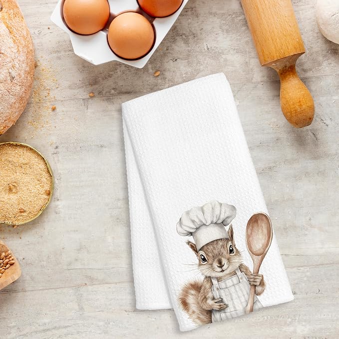 Funny Squirrel Chef Kitchen Towels, Squirrel Lover Gifts for Women Men, Chef Gifts, Funny Forest Animal Decorative Dish Hand Tea Towels for Kitchen Bakery, 16x24 Inch