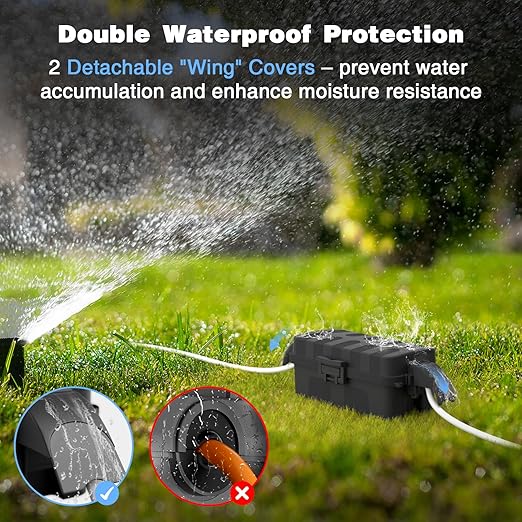 FLEMOON [2 Pack] IP55 Outdoor Electrical Box Waterproof with Detachable Awning Covers, 8.3 x 4.1 x 3.7 inch Weatherproof Extension Cord Cover, Easy Installation for Outdoor Plug, String Lights, Black