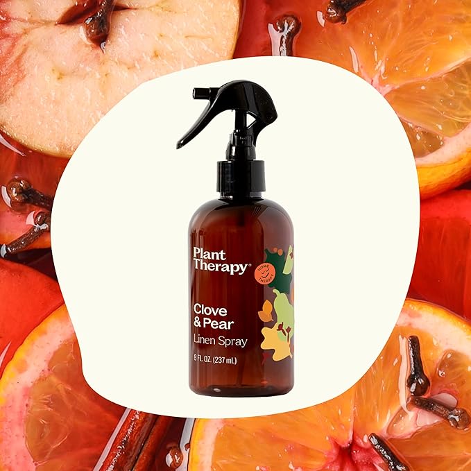 Plant Therapy Clove & Pear Linen Spray 8 oz A Fun, Feel-Good Scent with Fall Flair, Adds Cozy Charm & Cheerful Vibes, Perfect for Spritzing Linens, Curtains, and Cozy Corners