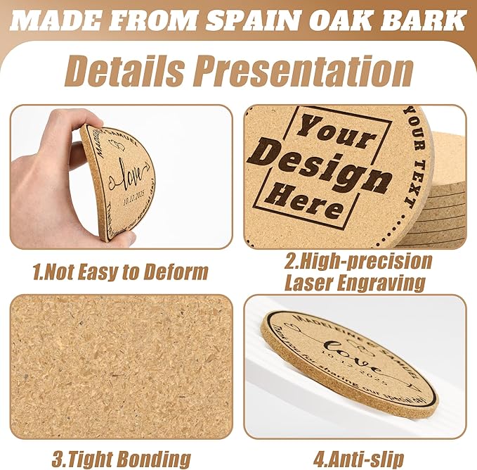 30 Custom Coasters, Personalized Cork Coaster Laser Engraved with Own Design Logo Text, Non-Slip Heat-Resistant Custom Cork Coaster for Wedding, Anniversary, Family Reunion Gifts (Round)