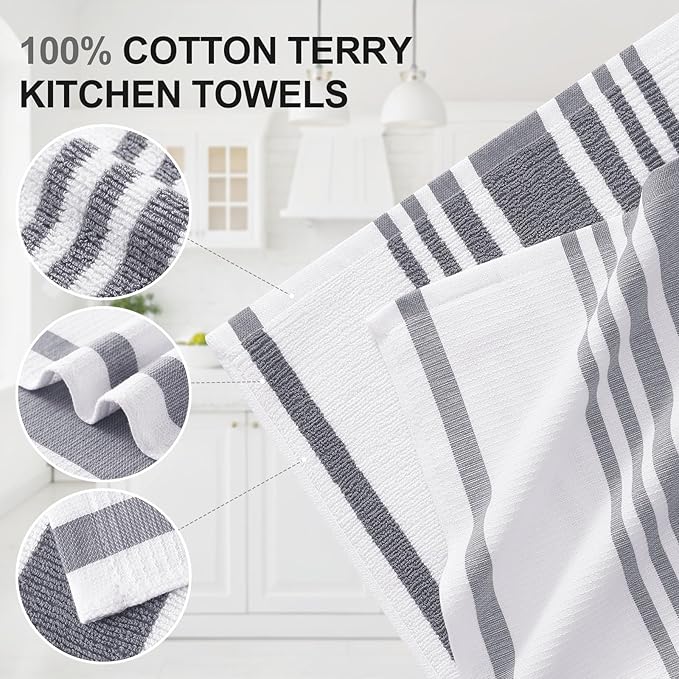 Homaxy Premium Kitchen Towels 18”x 28”, Large Cotton 380 GSM Kitchen Hand Towels, Stripe and Terry Dish Towel, Highly Absorbent Tea Towel Set with Hanging Loop, 8 Pack, Grey