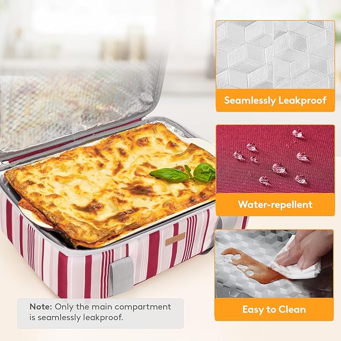 LUNCIA Insulated Single Decker Casserole Carrier, Lasagna Lugger Tote Keeps Food Hot or Cold, Thermal Lunch Bag for Potluck Parties, Picnic and Cookouts, Fits 9" x 13" Baking Dish, Red
