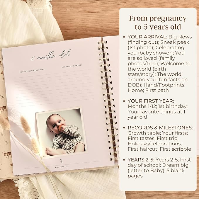 Peachly Unisex Baby Memory Book | Minimalist First Year Baby Book Keepsake for Milestones | Baby Scrapbook for Boy or Girl | Natural Linen - Forest
