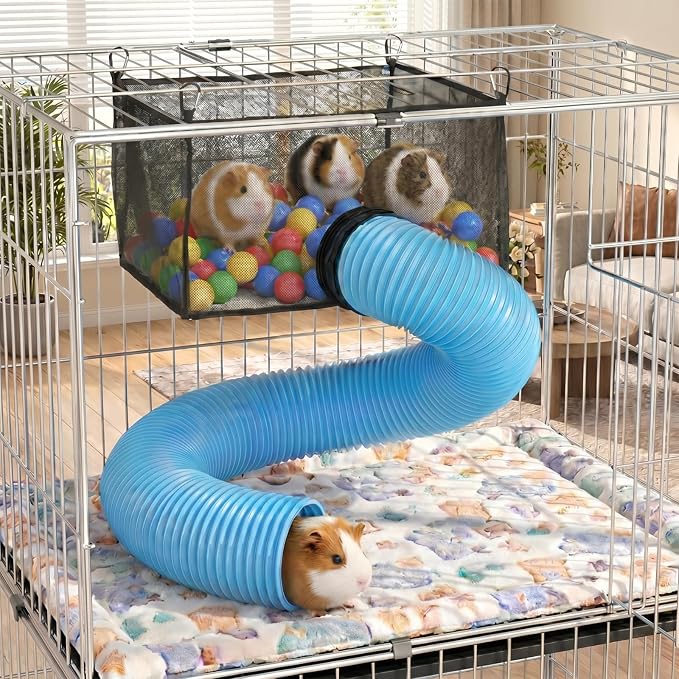 Mifoci Ferret Ball Hammock with Tunnel, Hanging Mesh Play Cube for Cage, Washable Small Animal Bed for Ferrets, Rats, Chinchillas & Guinea Pigs, 4 Clips, Black, (Balls Not Included)