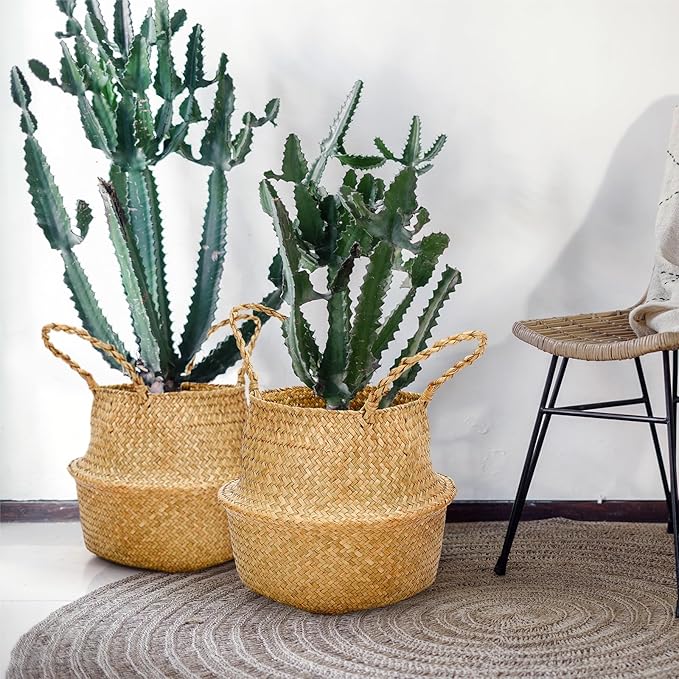 Qunclay 4 Pcs Woven Seagrass Baskets Belly Basket Folding Boho Natural Plant Pot with Handles Round Decorative Wicker Large Indoor Planter for Home Outdoor Tree Planters Decor (12 x 11 Inch)