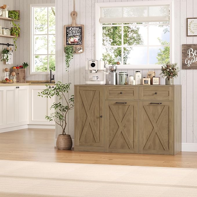 HOSTACK 12.5 Gallon Kitchen Trash Cabinet, 47" Double Trash Can Cabinet, Large Pull Out Can Storage Drawers, Wood Farmhouse Hidden Garbage Storage Buffet for Kitchen, Dining Room, Rustic Brown