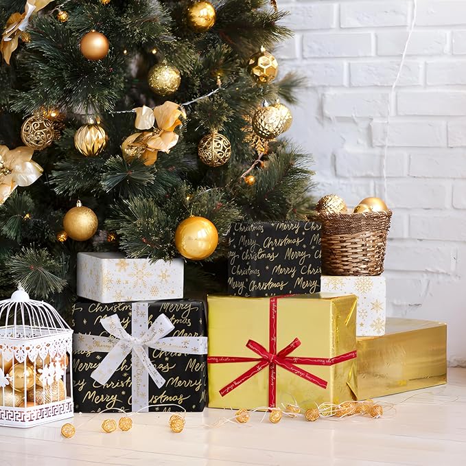 YANGTE Christmas Wrapping Paper Mini Rolls, 3 Rolls 17" x 120" Gift Wrapping Paper Christmas rolls, Holiday Wrapping Papers Black White Gold