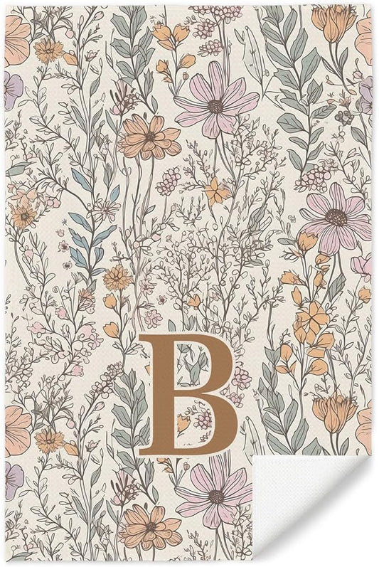 Initial B Personalized Floral Kitchen Towels Dish Towel, Custom Hand Towels for Bathroom, Monogrammed Gifts for Women Mom, Boho Floral Decorative Kitchen Towels Tea Towel, 16x24 Inch