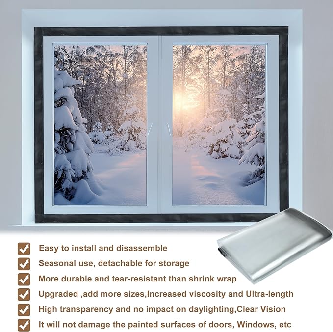Window Insulation Kit for Winter Adjustable Plastic Insulated Window Cover Sealer Reusable Thermal Thicken Clear Insulation Wrap Transparent Film with Hook and Loop Tape for Winterizing 48'' x 63''