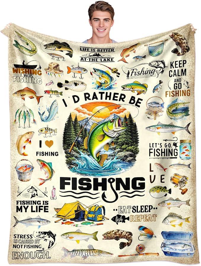 Fishing Blanket Gifts for Men Soft Flannel Fishing Throw Blanket Funny Fish Gift Merch Stuff for Boys Fisherman 60"X50"