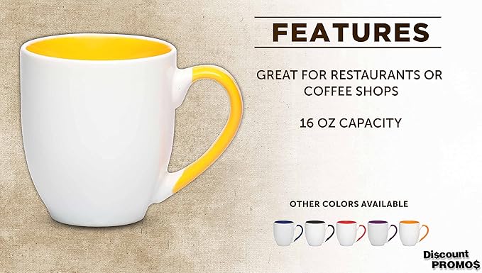 DISCOUNT PROMOS Bistro Style Large Coffee Mugs 16 oz. Set of 10, Bulk Pack - Perfect for Coffee, Tea, Espresso, Hot Cocoa, Other Beverages - Yellow