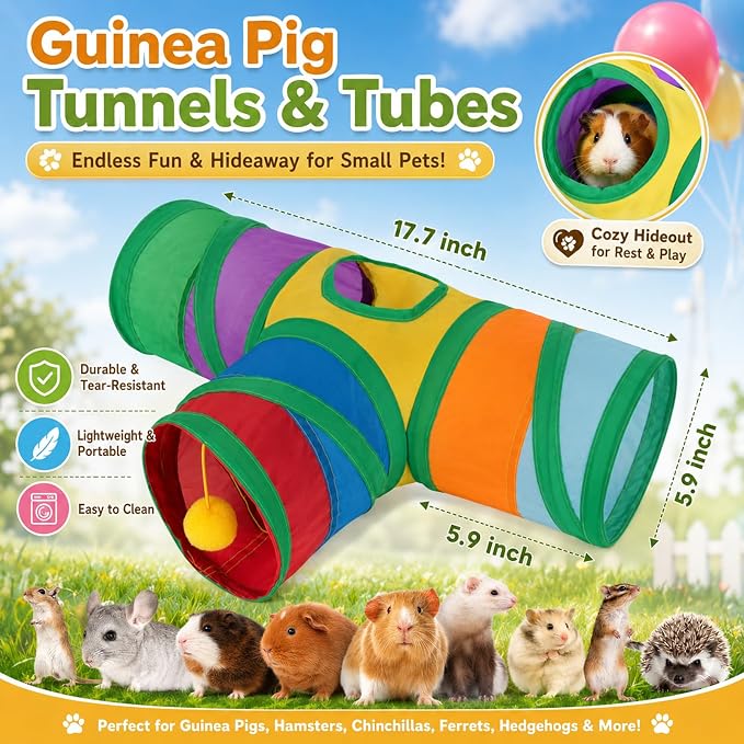 Rypet Guinea Pig Tunnel Hideout 3-Way Collapsible Small Pet Tubes, Rainbow | 3 Way Design for Exploration, Collapsible for Easy Storage, Built-in Play Ball, Hiding & Resting for Hamsters Ferrets