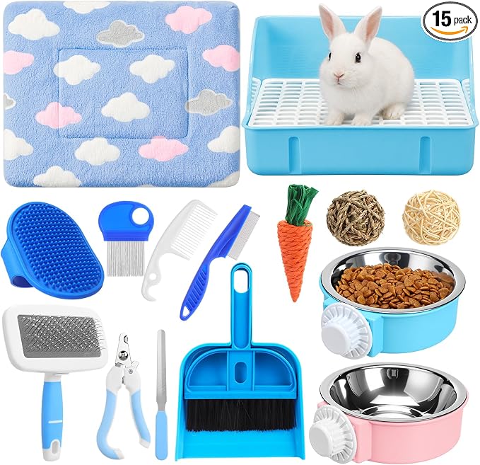 Reallnaive 15 Pcs Rabbit Starter Kit Small Rabbit Litter Box Girls Gift Animal Grooming Kit Bunny Toys Bowl Blankets with Cleaning Set for Guinea Pig Accessories(Bright Blue)