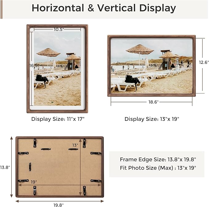 Heimlove 13x19 Picture Frames Natural Walnut,Original Wood Hand Make Crafted Certificate Frame with Mat to 9x12 Graduation Picture Display,Family Picture,Wedding Picture,Diploma,Photo Wall Mounted