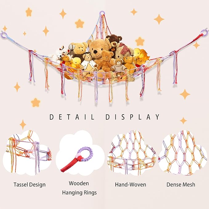 CERETIA Stuffed Animal Hammock with LED Light, Large Stuffed Animals Storage Corner Plushie Net for Kids Room Decor, 2 Packs Rainbow