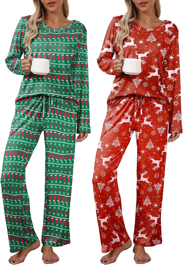 Ekouaer Womens 2 Pack Pajama Set Long Sleeve Pajamas Top and Pants V Neck Pjs Set Soft Loungewear with Pockets