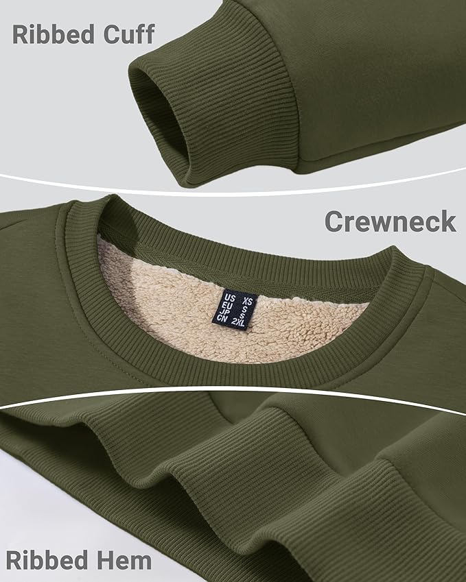 Boladeci Men's Full Sherpa Lined Crewneck Sweatshirts Heavy-weight Fleece Pullover Thick Thermal Long Sleeve Cotton