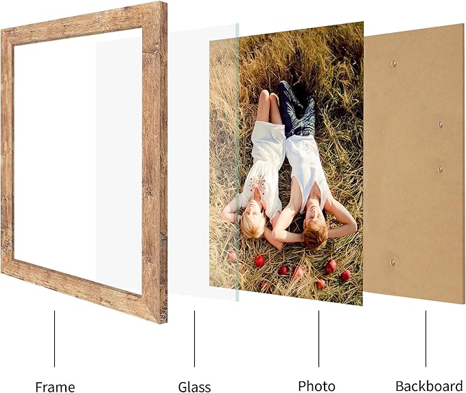 iRahmen 8.5x11 Picture Frame Set of 4, High Definition Real Glass Rustic Brown Frame, Wood Photo Frames 8.5 by 11 Diploma Document for Wall Hanging and Tabletop Display